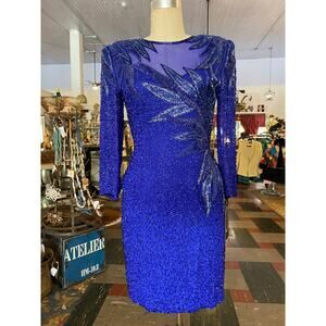 1980s beaded cocktail dress, cobalt blue silk, vintage formal, sheer chiffon, 27